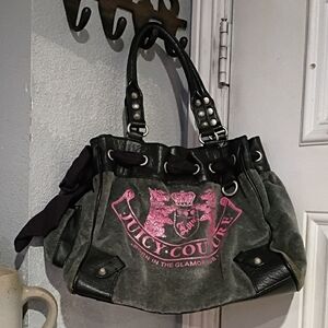 Juicy Couture Gray Suede Shoulder Bag with Pink Logo